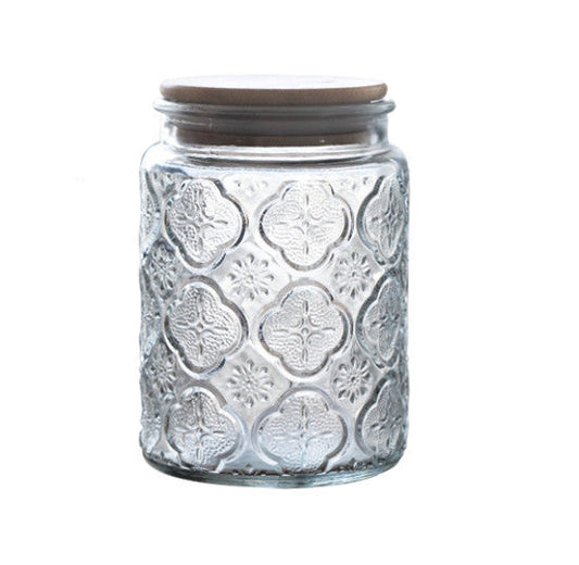 Carved Relief Glass Storage Jar with Wooden Lid – Clear Patterned Jar-NIMSY