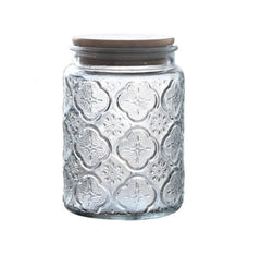 Carved Relief Glass Storage Jar with Wooden Lid – Clear Patterned Jar-NIMSY