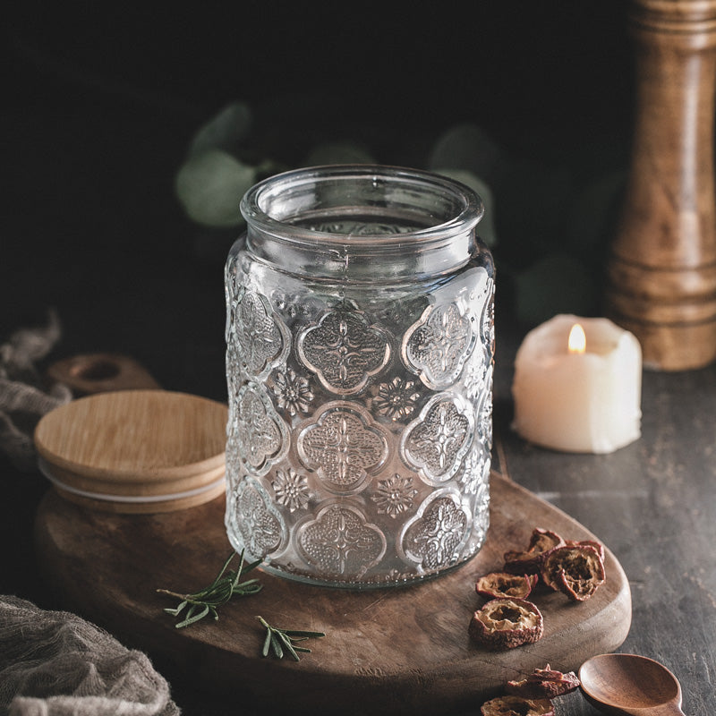 Carved Relief Glass Storage Jar with Wooden Lid – Clear Patterned Jar-NIMSY