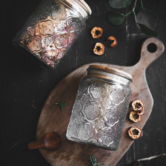 Carved Relief Glass Storage Jar with Wooden Lid – Clear Patterned Jar-NIMSY