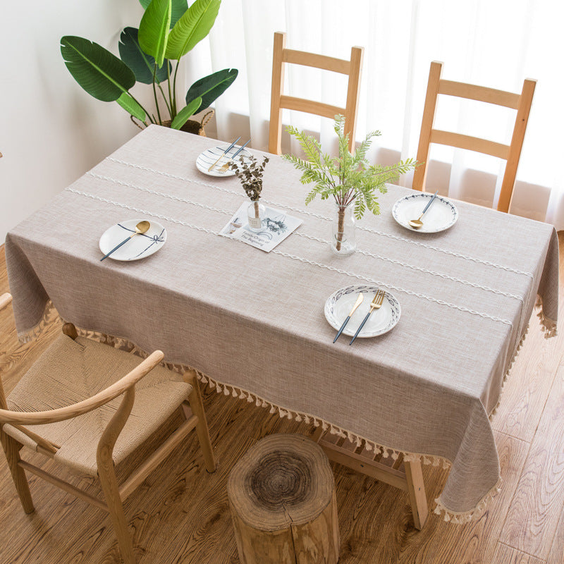 Boho Cotton Linen Tablecloth with Tassels – Natural Beige-NIMSY