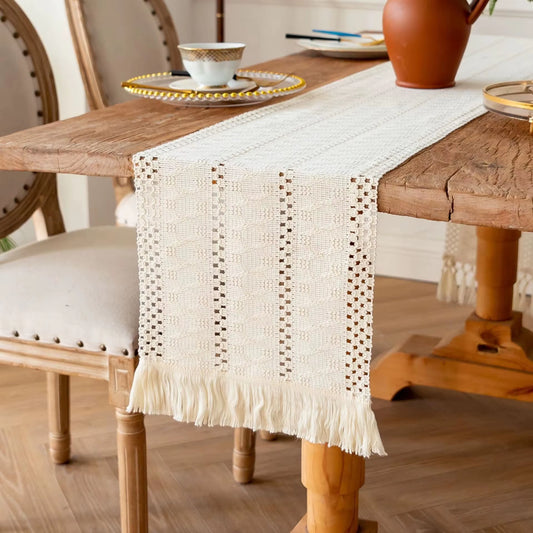 Boho Macrame Table Runner with Tassels – Cotton Linen Bicolor Design – 30x180cm-NIMSY