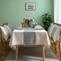 Green Cotton Linen Tablecloth with Tassels – Rectangular Table Cover-NIMSY