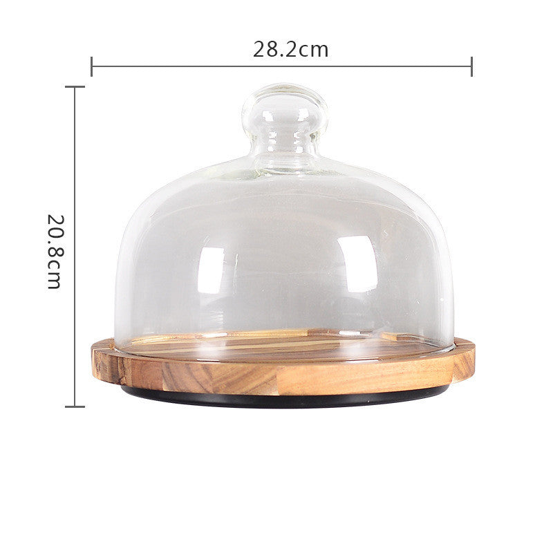 Nordic Style Wooden Cake Plate with Glass Cover – Round Dessert Serving Tray-NIMSY