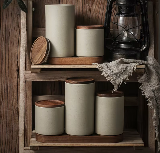 Retro Ceramic Storage Jar with Wooden Lid – Tea & Coffee Storage Container-NIMSY