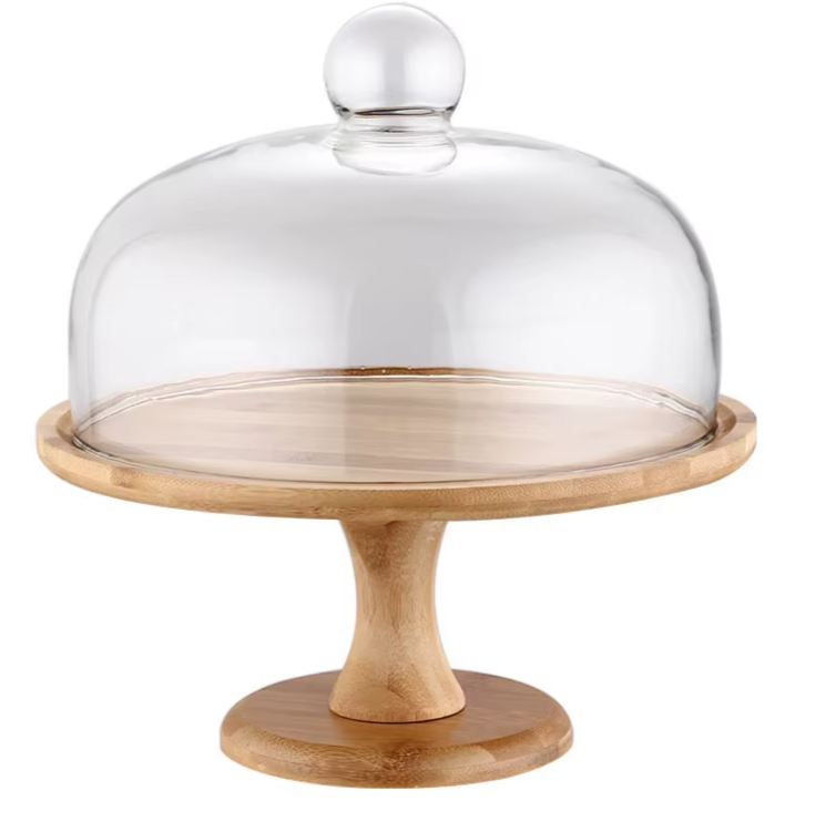 Wooden Cake Stand High Foot Cake Plate with Glass Cover 