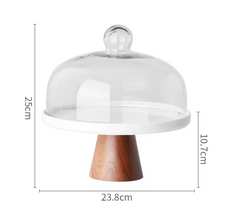 Acacia Wood Ceramic Cake Stand with Glass Cover-NIMSY