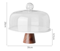 Acacia Wood Ceramic Cake Stand with Glass Cover