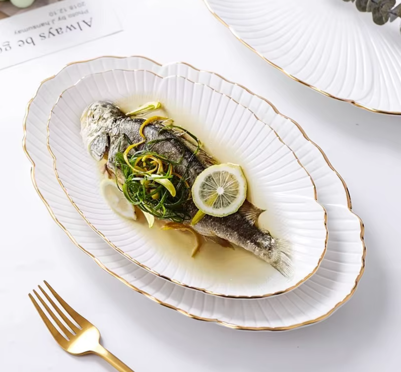 Flower Shape Ceramic Plate Oval Fish Plate 