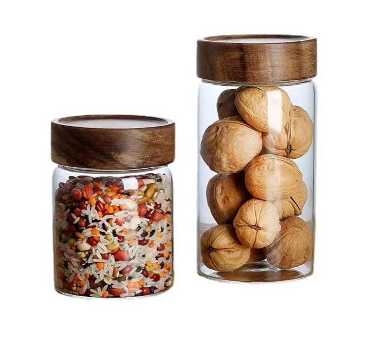 Transparent Glass Bamboo Lid Storage Jar 