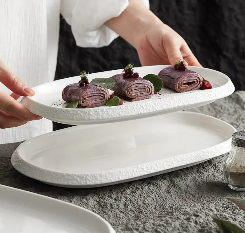 Stone Patterned Edge Oval Plate Ceramic 