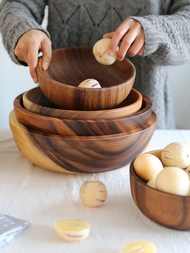 Natural Wooden Salad Bowl – Brown Round Serving Bowl-NIMSY