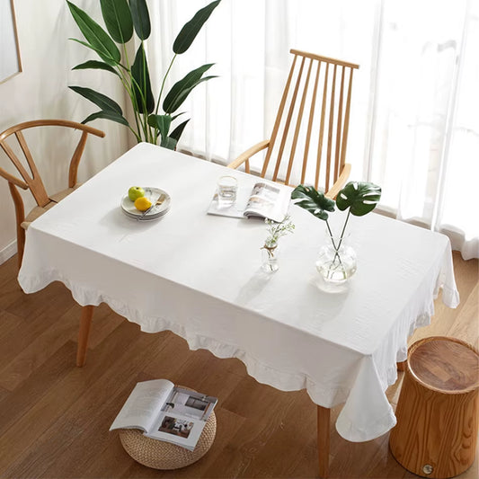White Cotton Tablecloth with Ruffle Edges – Rectangular Washable Table Cover – 140cm Width-NIMSY
