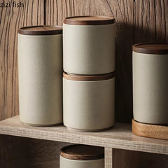 Retro Ceramic Storage Jar with Wooden Lid - Sealed Can Organizer for Tea and Coffee - Kitchen Food Storage Containers