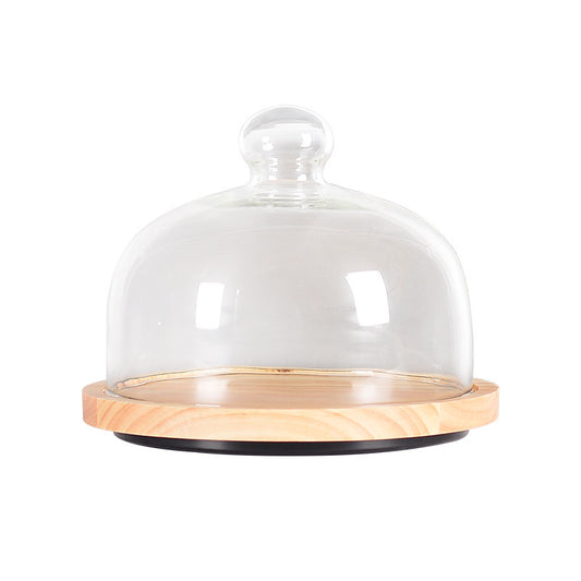 Nordic Style Wooden Cake Plate with Glass Cover – Round Dessert Serving Tray-NIMSY