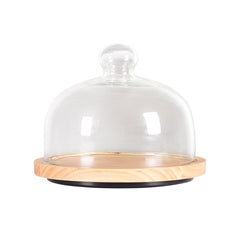 Nordic Style Wooden Cake Plate with Glass Cover – Round Dessert Serving Tray-NIMSY