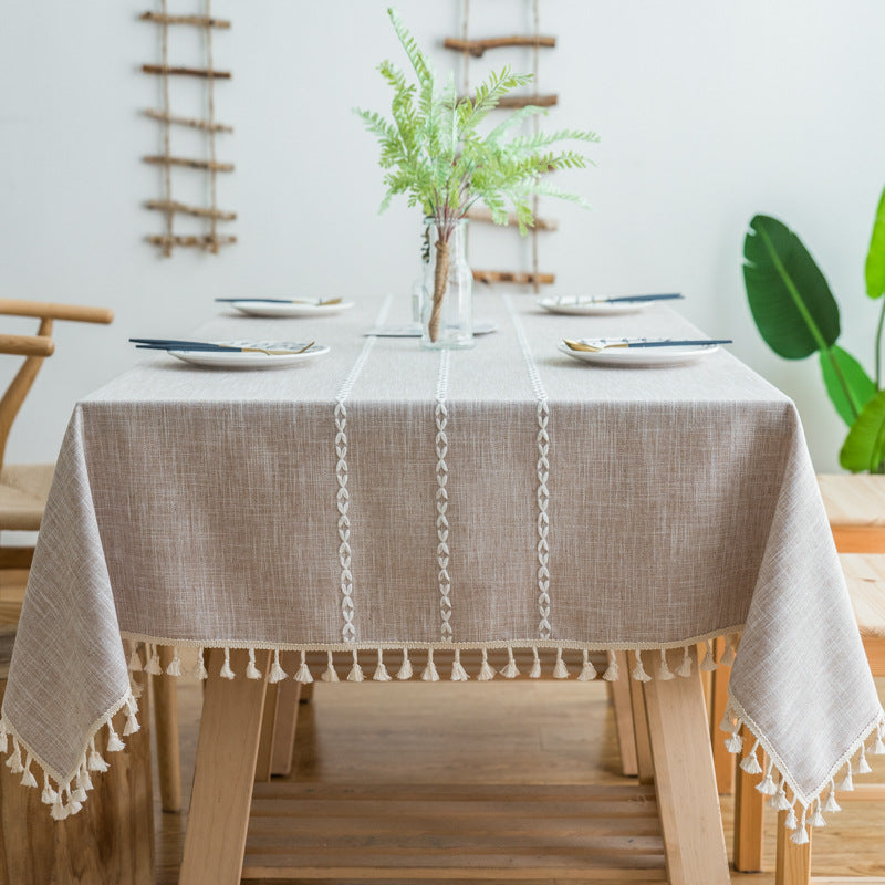 Boho Cotton Linen Tablecloth with Tassels – Natural Beige-NIMSY