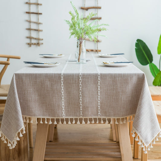 Boho Cotton Linen Tablecloth with Tassels – Natural Beige-NIMSY