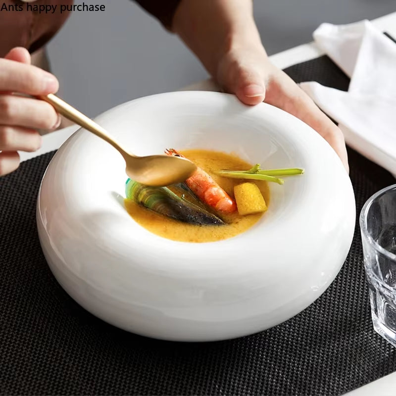 Elegant White Ceramic Tableware Set - Salad, Dessert, and Snack Plates for Home Decor and Kitchen Use - Porcelain Cake Plates