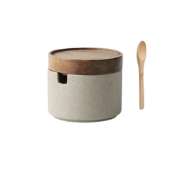 Ceramic Seasoning Jar with Wooden Lid – Retro Kitchen Storage Jar with Spoon – Beige-NIMSY