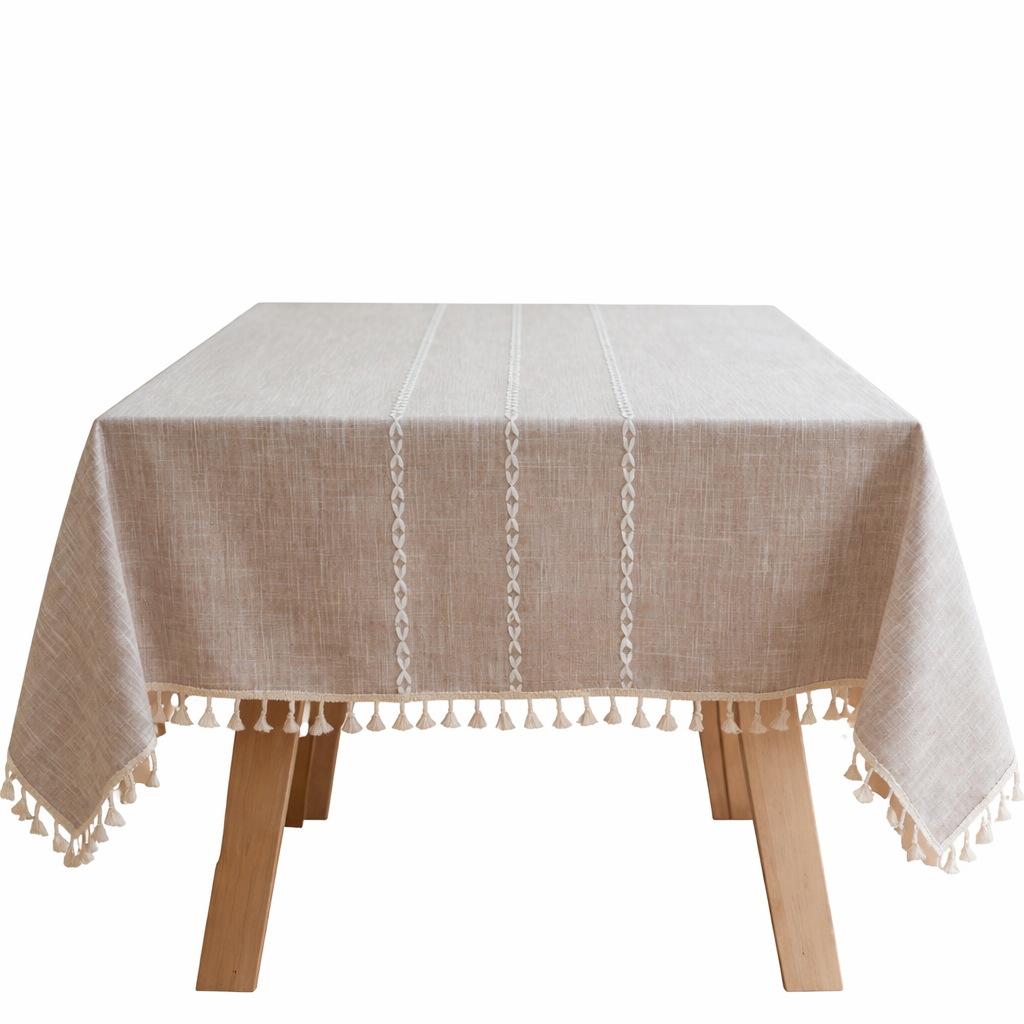 Boho Cotton Linen Tablecloth with Tassels – Natural Beige-NIMSY