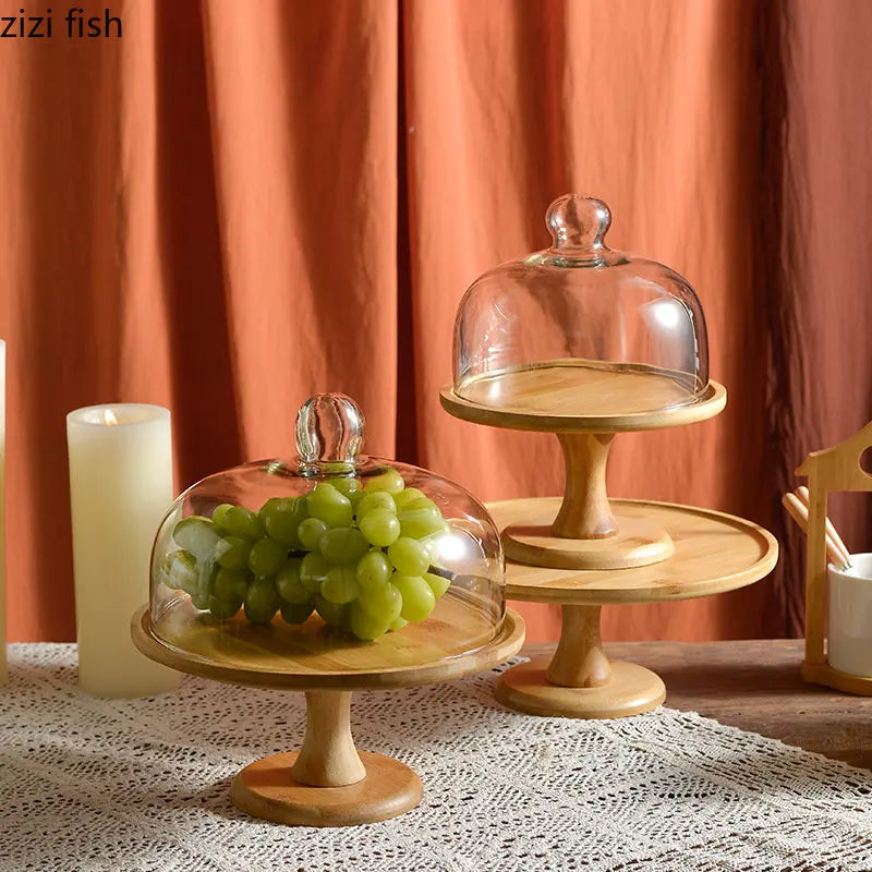 Wooden Cake Stand High Foot Cake Plate with Glass Cover 