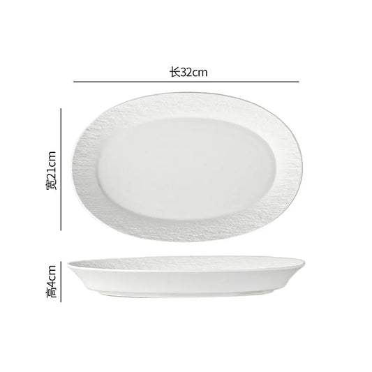 White Ceramic Fish Plate – Rock Texture Oval Dinner Plate-NIMSY
