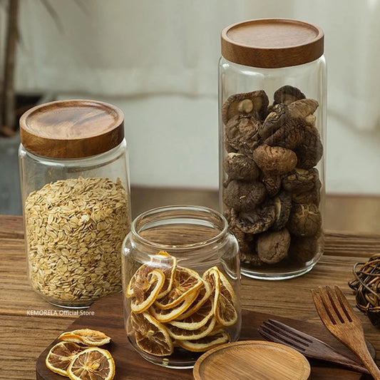 Airtight Glass Canisters with Wood Lids for Kitchen Storage - Ideal for Grains, Tea, Coffee Beans, and Candy