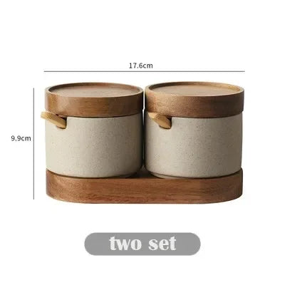 Ceramic Retro Seasoning Jar with Wooden Lid - Round Storage Container for Salt and Pepper