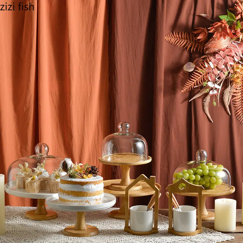 Wooden Cake Stand High Foot Cake Plate with Glass Cover 