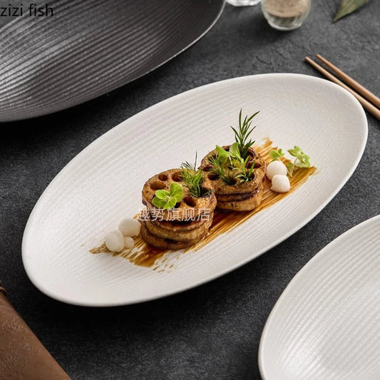 Matte Striped Ceramic Plate Oval Fish Plate 