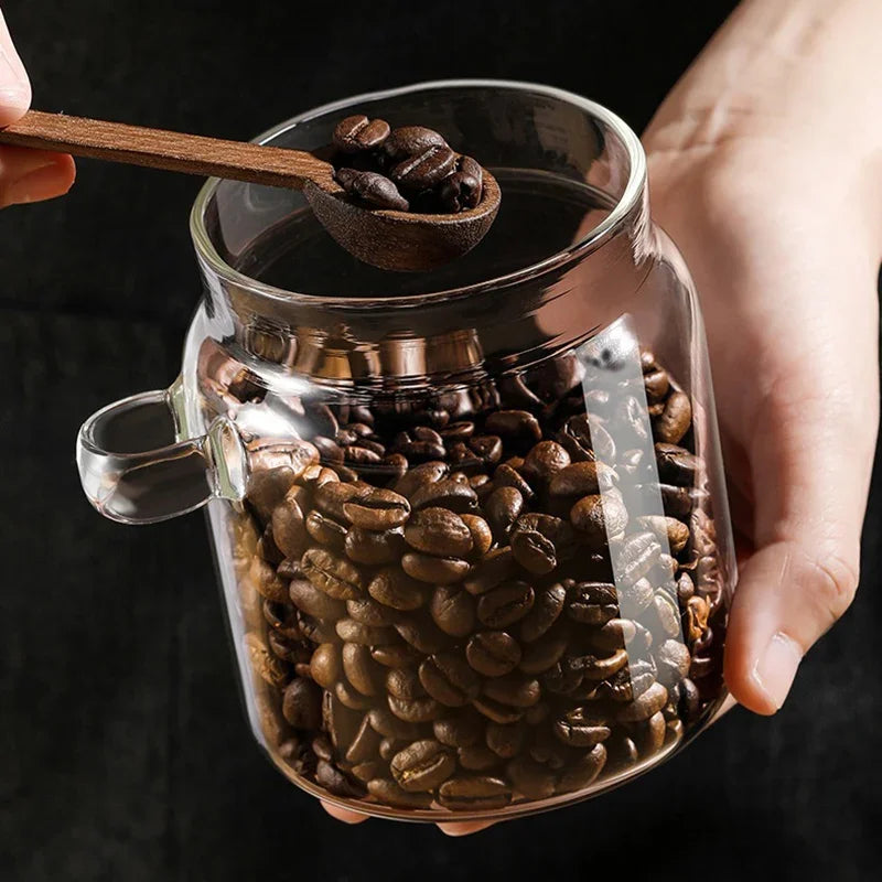 Wooden Lid Glass Storage Jars for Food, Spices, Tea, Coffee, and Sugar - Sealed Canisters with Spoon for Kitchen Organization