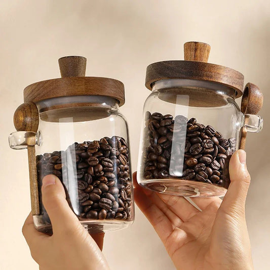 Wooden Lid Glass Storage Jars for Food, Spices, Tea, Coffee, and Sugar - Sealed Canisters with Spoon for Kitchen Organization