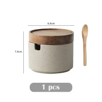 Ceramic Seasoning Jar with Wooden Lid – Retro Kitchen Storage Jar with Spoon – Beige-NIMSY