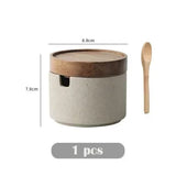 Ceramic Retro Seasoning Jar with Wooden Lid - Round Storage Container for Salt and Pepper