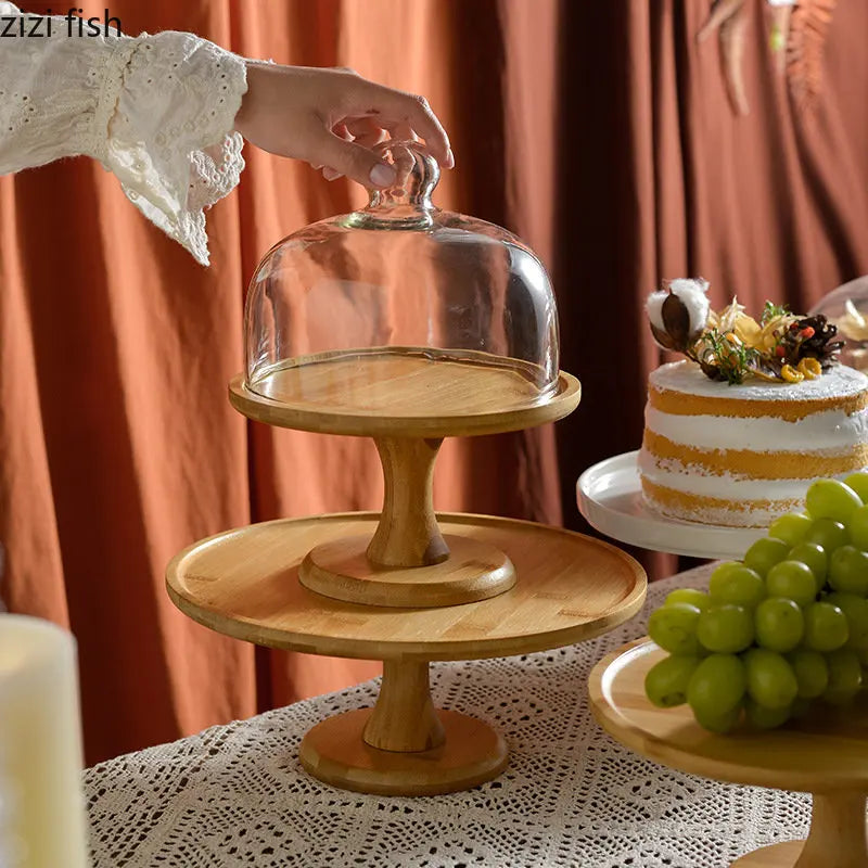 Wooden Cake Stand High Foot Cake Plate with Glass Cover 