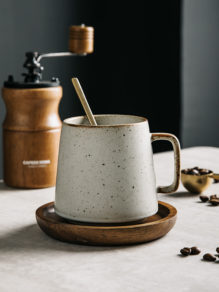 Japanese Style Ceramic Mug Set – Warm White – 4 Cups, 4 Spoons & Wooden Holder-NIMSY