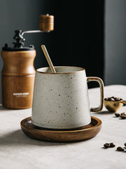 Japanese Style Ceramic Mug Set – Warm White – 4 Cups, 4 Spoons & Wooden Holder-NIMSY
