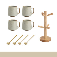 Japanese Style Ceramic Mug Set – Warm White – 4 Cups, 4 Spoons & Wooden Holder-NIMSY